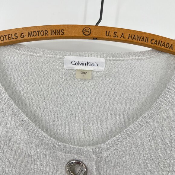 Metallic Cropped Sweater Large Calvin Klein Silver Knit Cardigan Toggle Buttons - Picture 2 of 7